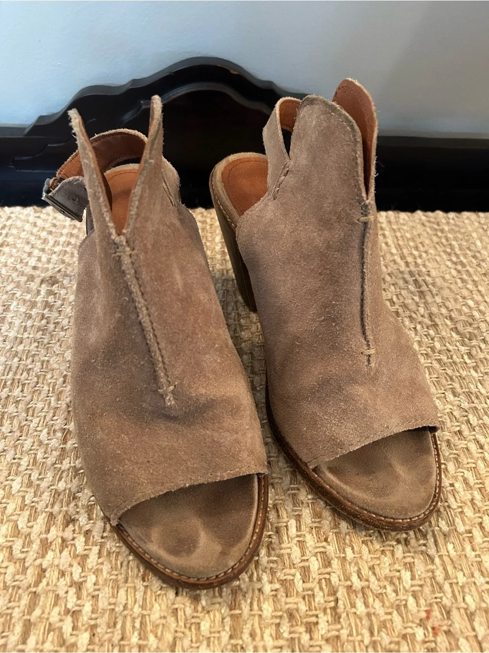 Frye Brown Suede Open Toe Slingback Booties Size 9 Stacked‎ Heel Western Buckle